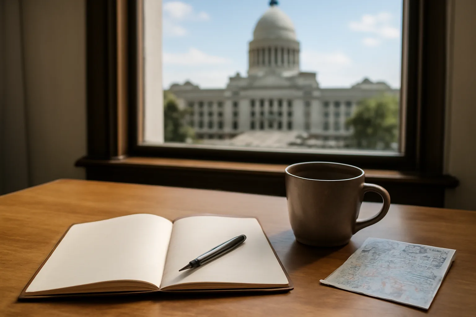 Desk of a mediator in Little Rock with Arkansas Supreme Court visible through window