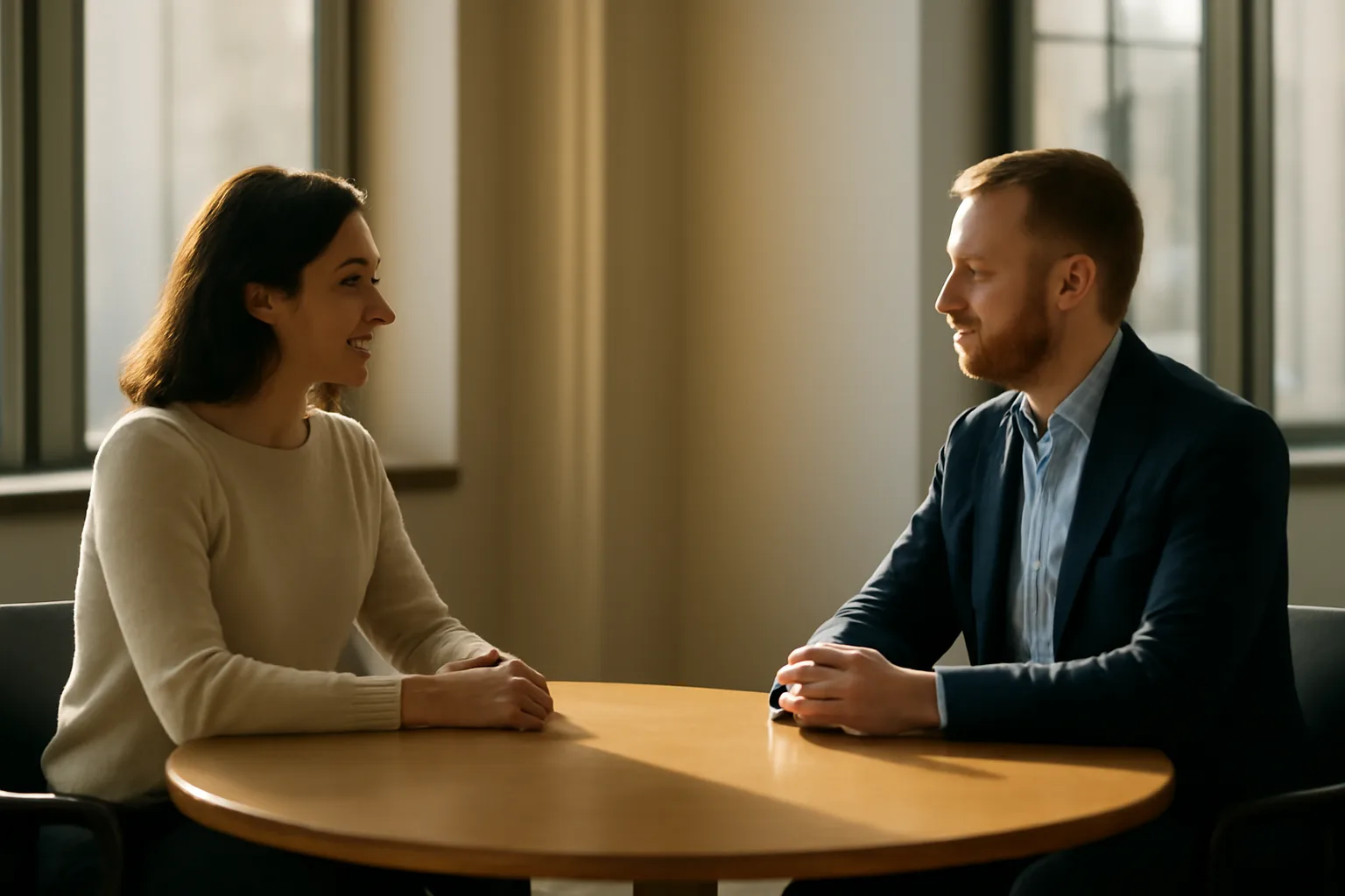 Two mediators seated at a round table in a sunlit Alabama conference room