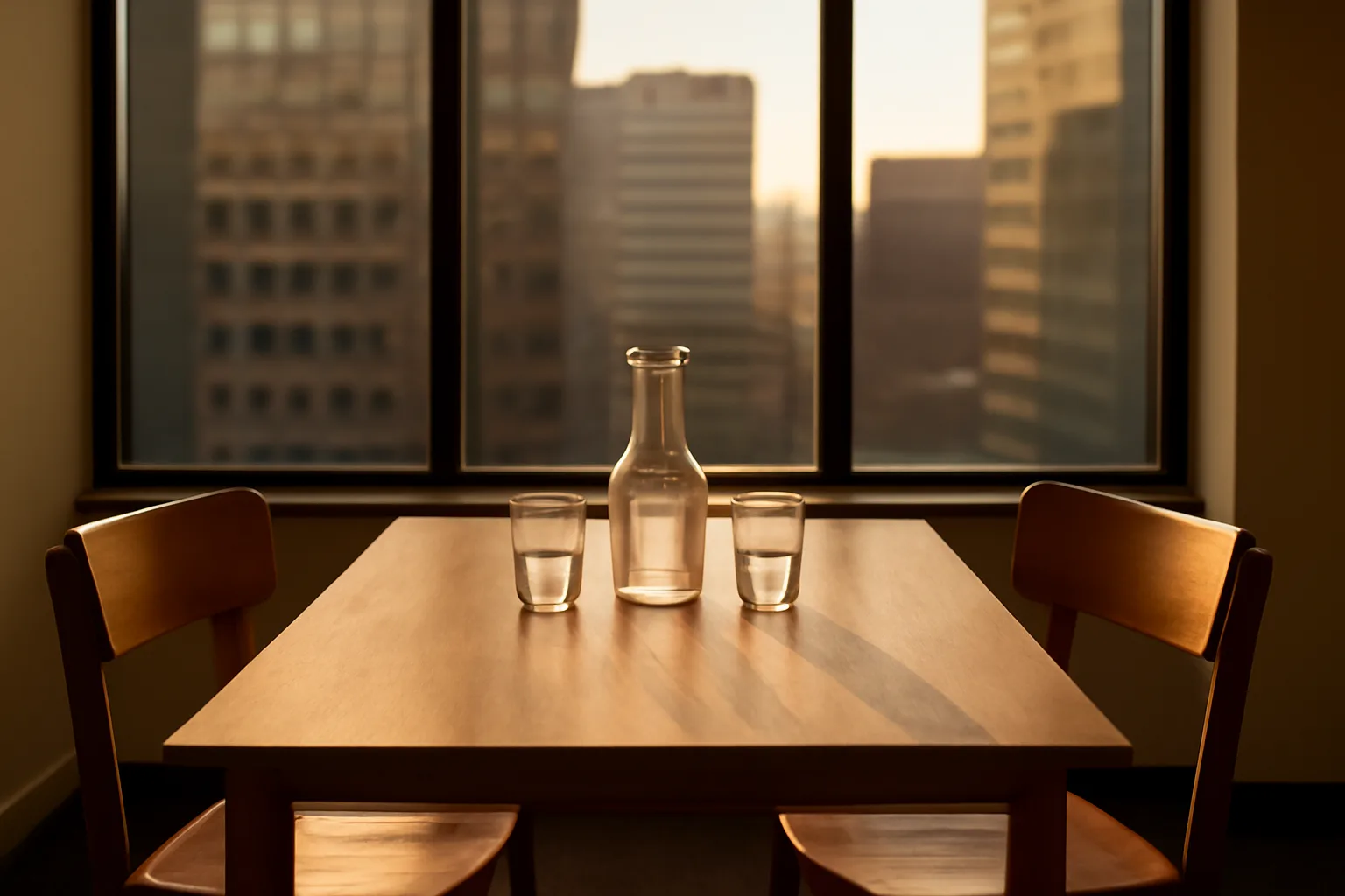 Two empty chairs set for a California mediator session