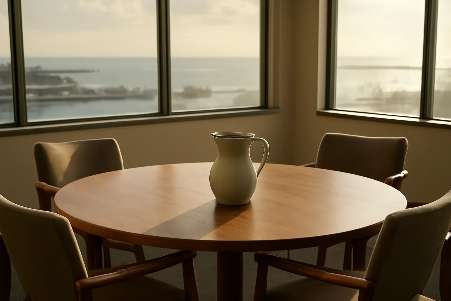Empty Honolulu mediation room with harbor light and wooden table