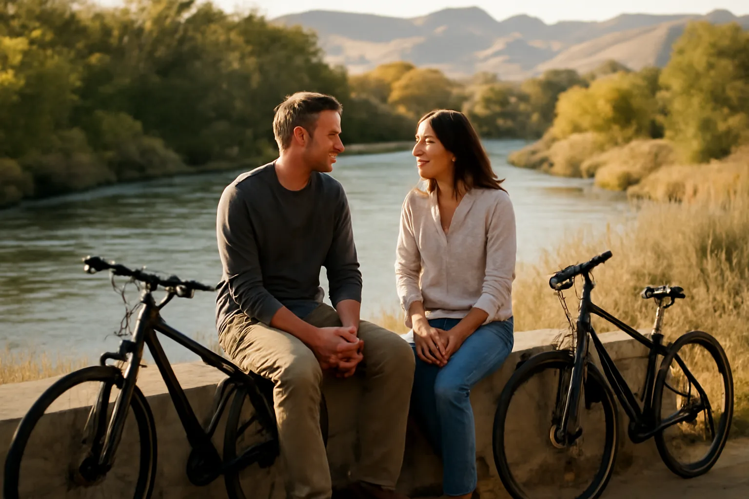 Two people talk by the Boise River about mediator renewal in Idaho