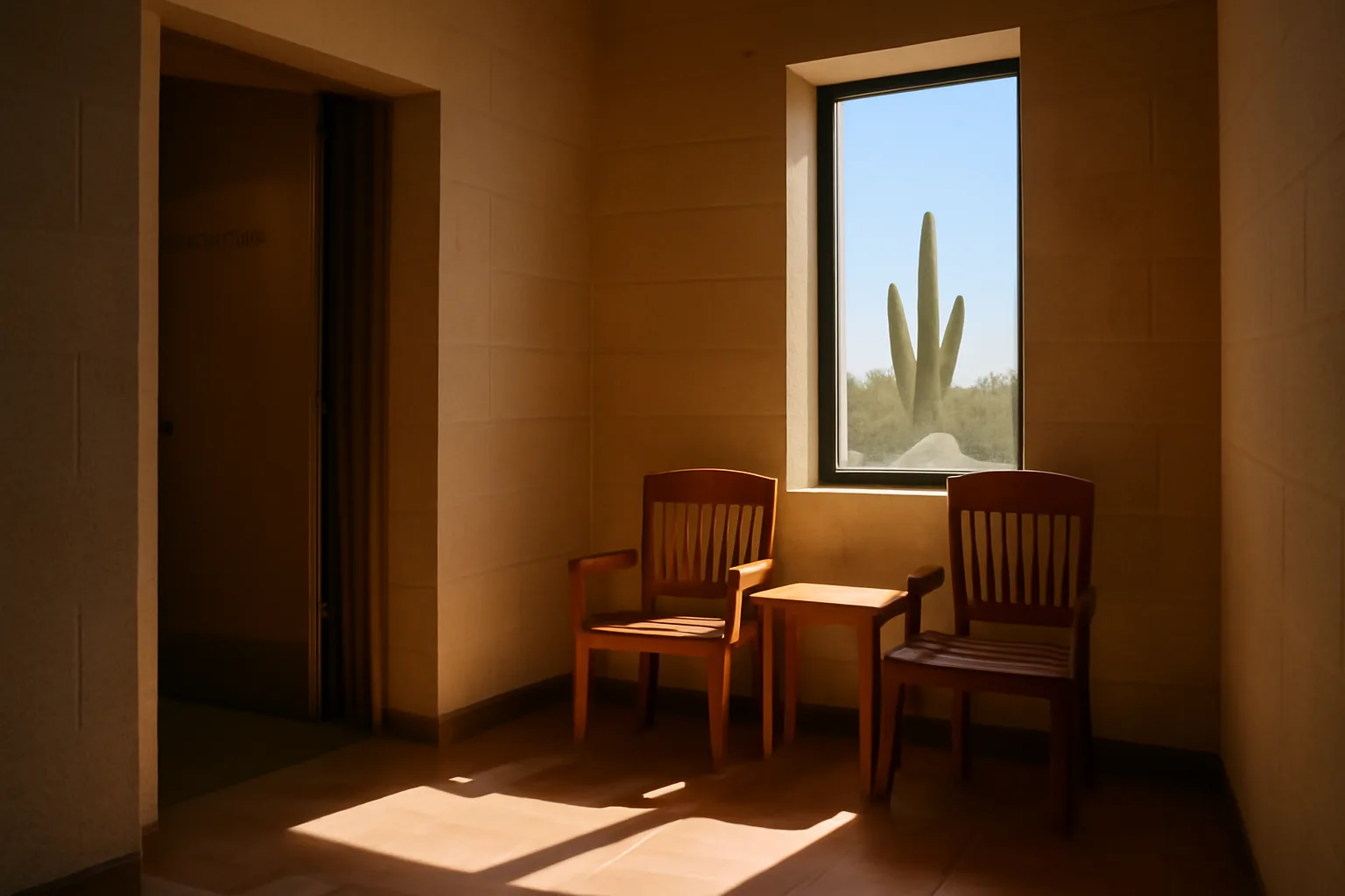 Empty mediation chairs in a Phoenix courthouse with desert view, Arizona mediator setting