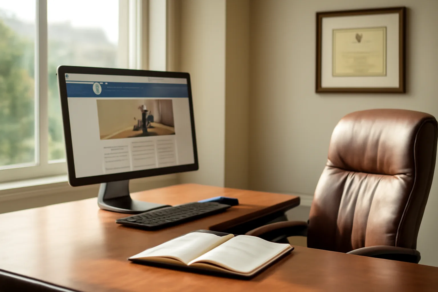 Desk with Arkansas ADRC website on computer monitor and mediation certificate on wall.