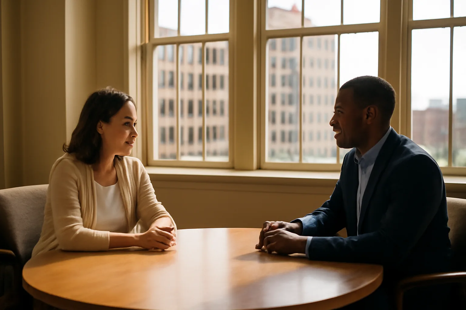 Two people seated at a round table during a mediation session in Alabama