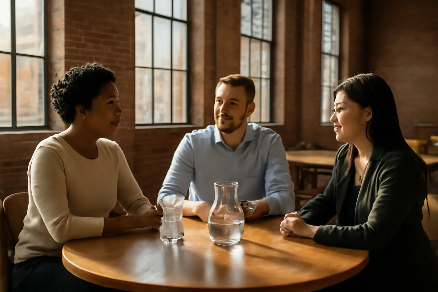 Three people sit at an oak table in a Wilmington mediator meeting