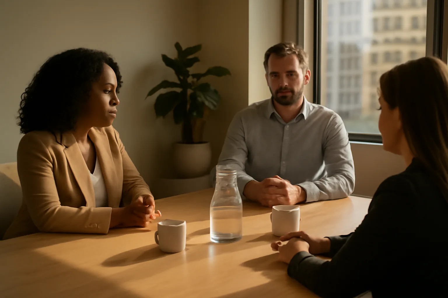 Three people sit at an Orlando table in a Florida mediation meeting