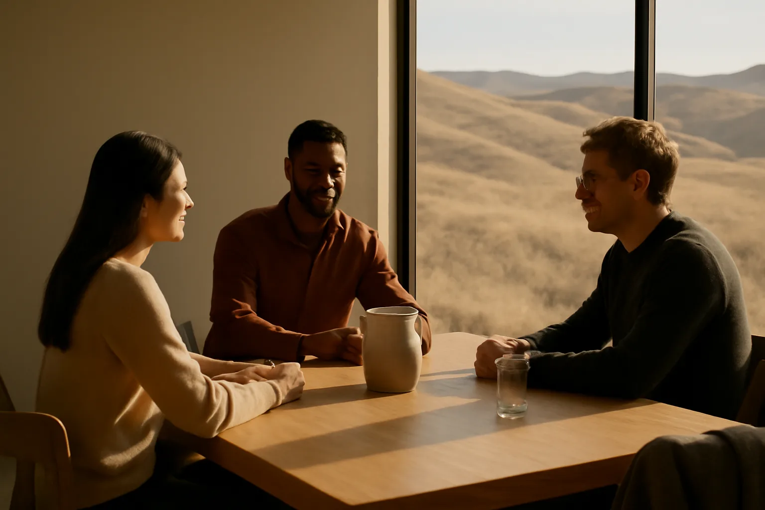 Three people talk around a table in a Boise mediation room