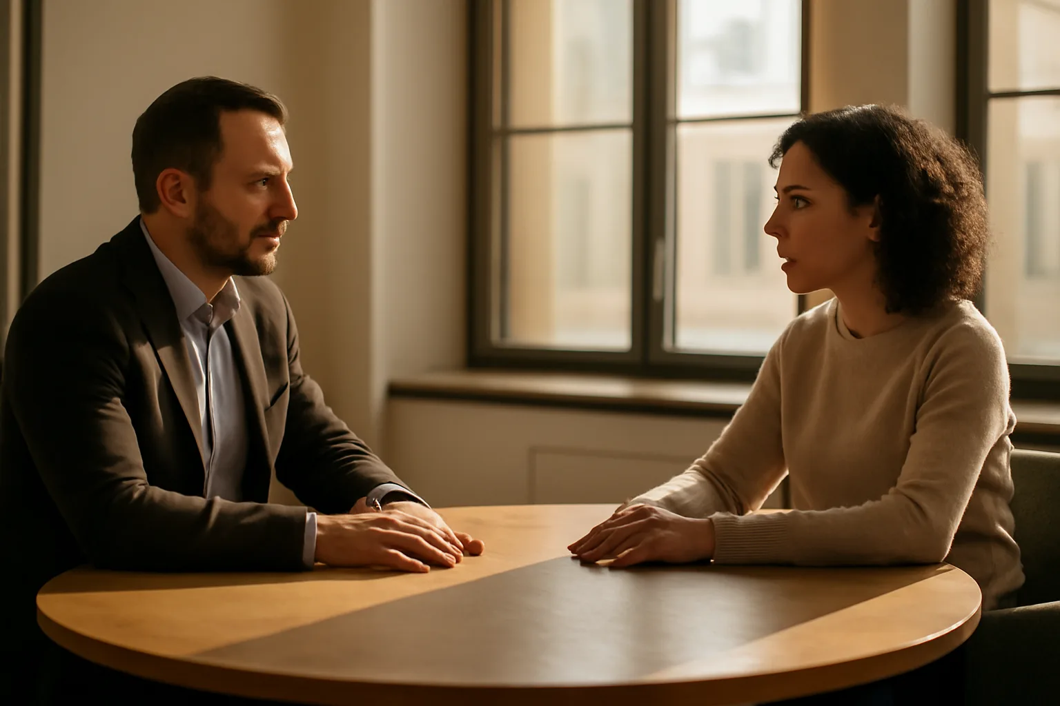 Two people at a round table in a sunlit conference room during a mediation session in Alabama