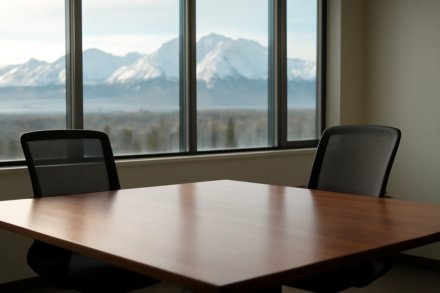 Empty conference table with mountain view in an Anchorage mediation office