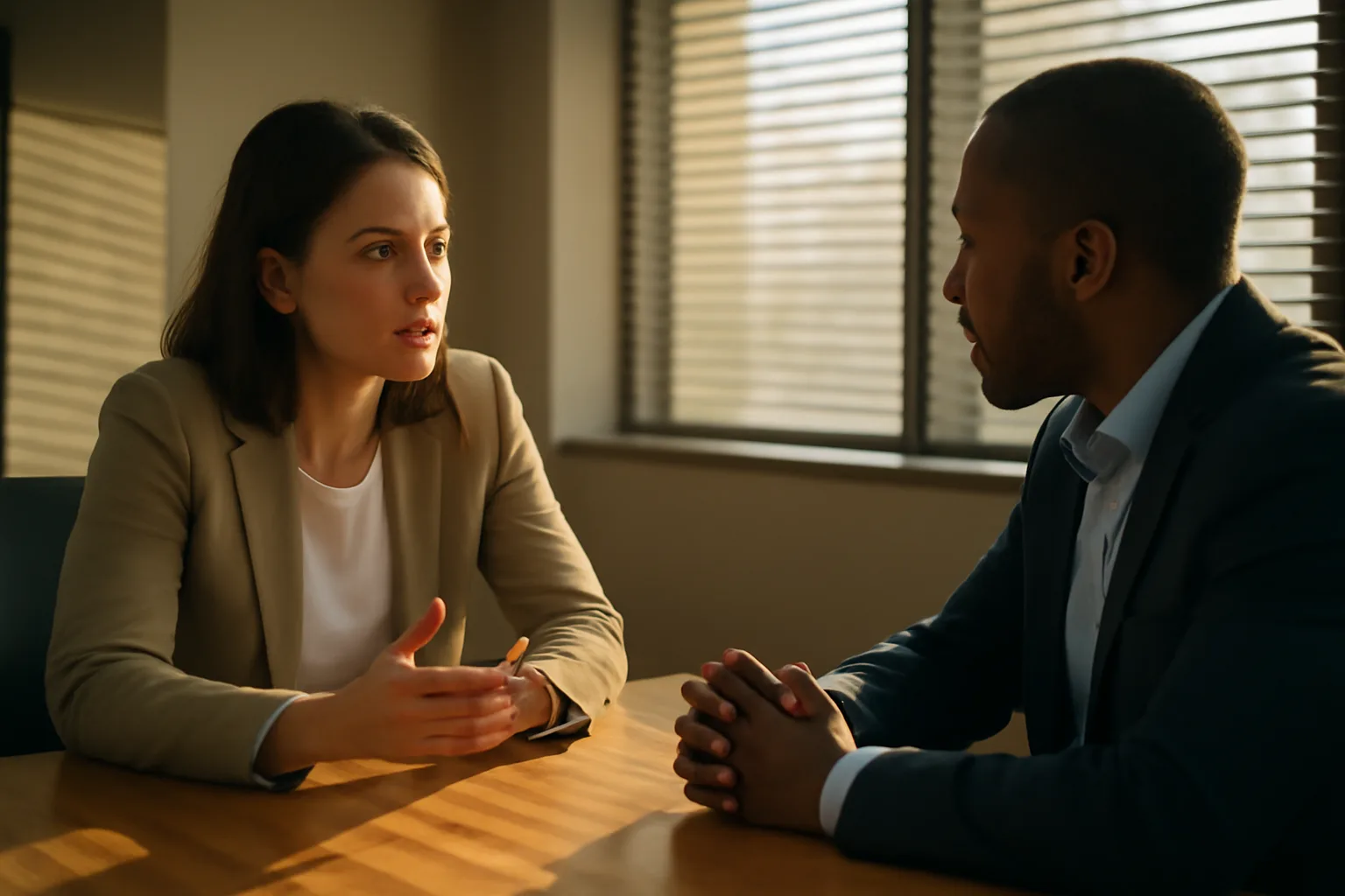 Two people in conversation across a conference table during a mediation session in Arizona