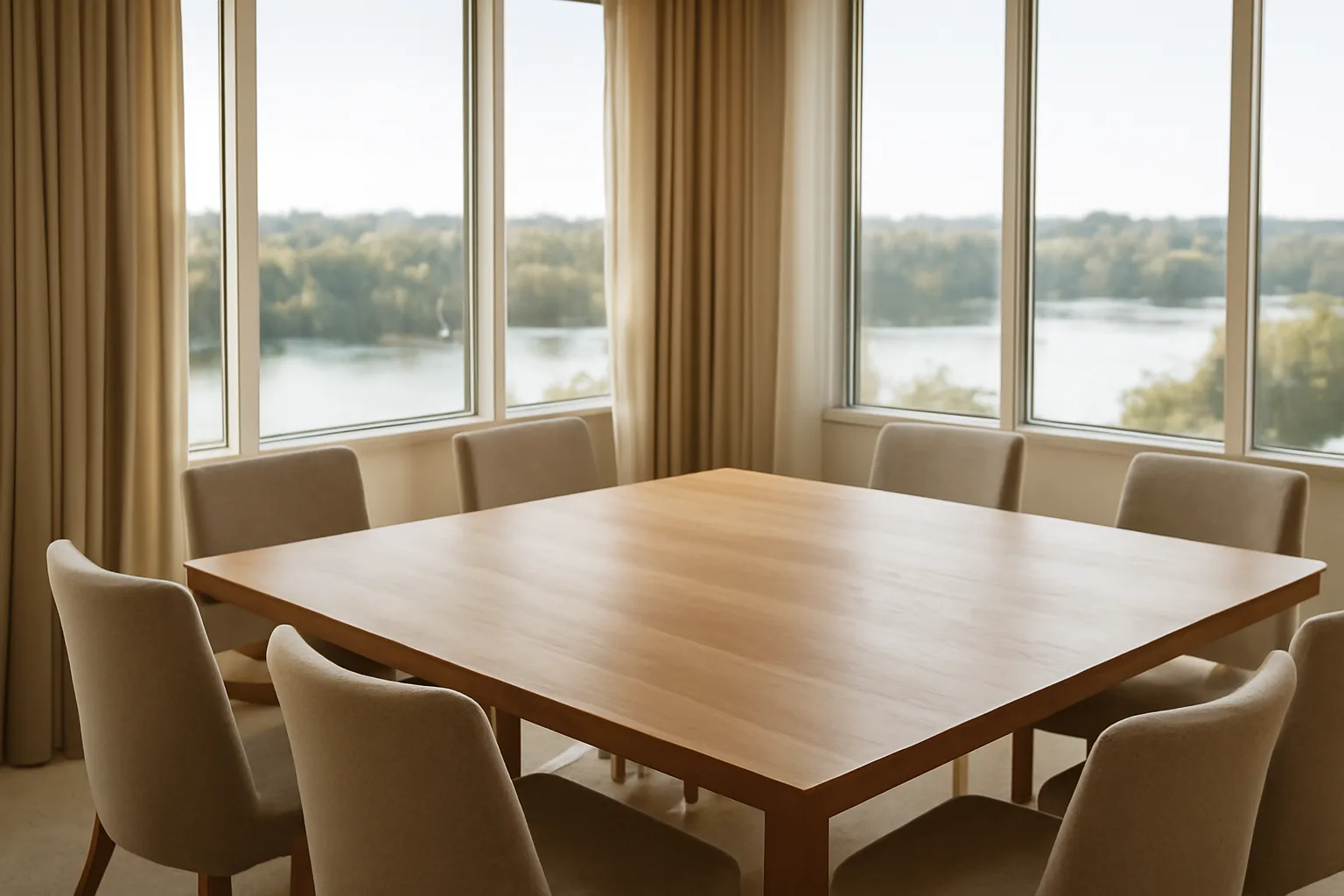 Arkansas mediation room with oak table and natural light overlooking the river