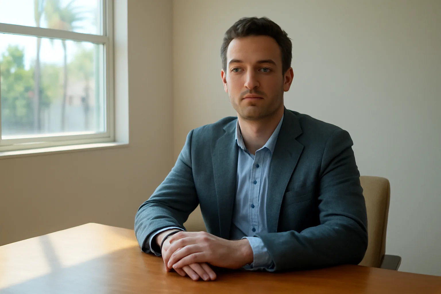 mediator seated at a table in a sunlit California office