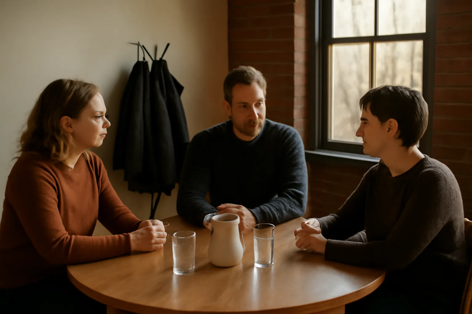 Three adults sit at an oak table for a Connecticut mediation