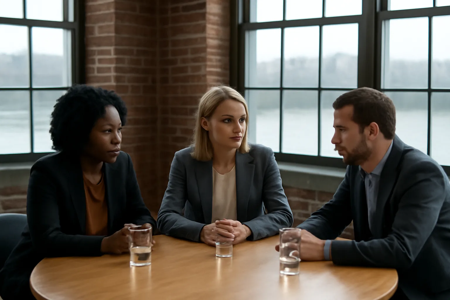 Mediator listens to two people at a Wilmington conference table