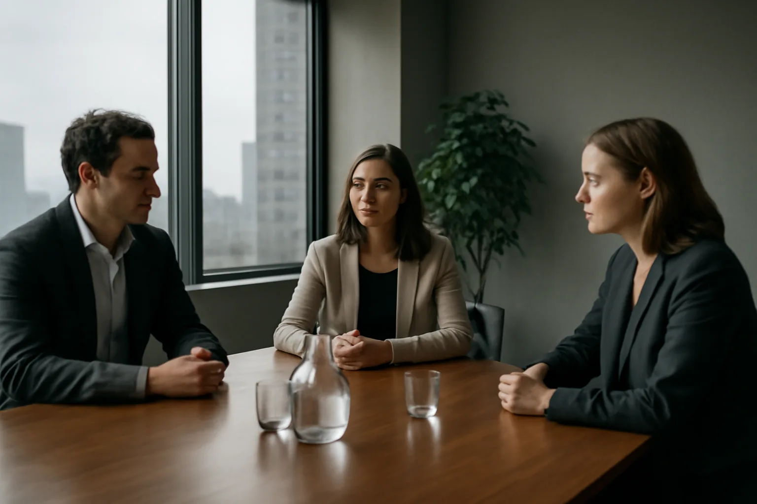 Three adults sit at a walnut table in an Atlanta mediation room