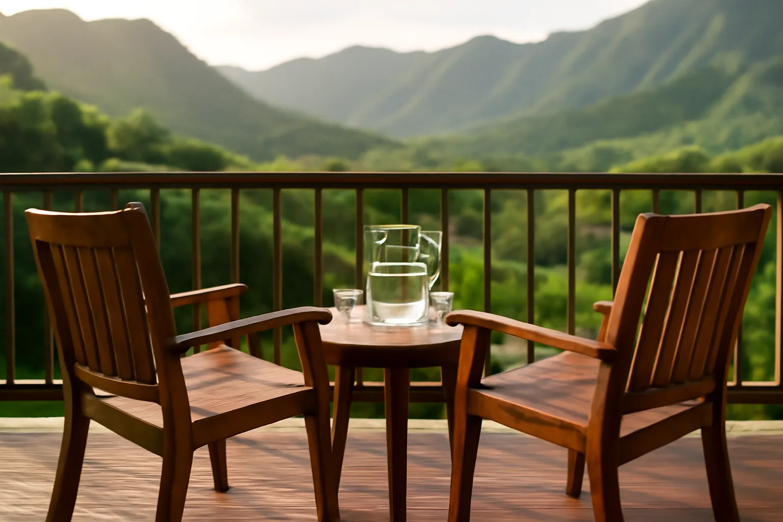 Two wooden chairs on a Manoa lanai set for Hawaii mediation