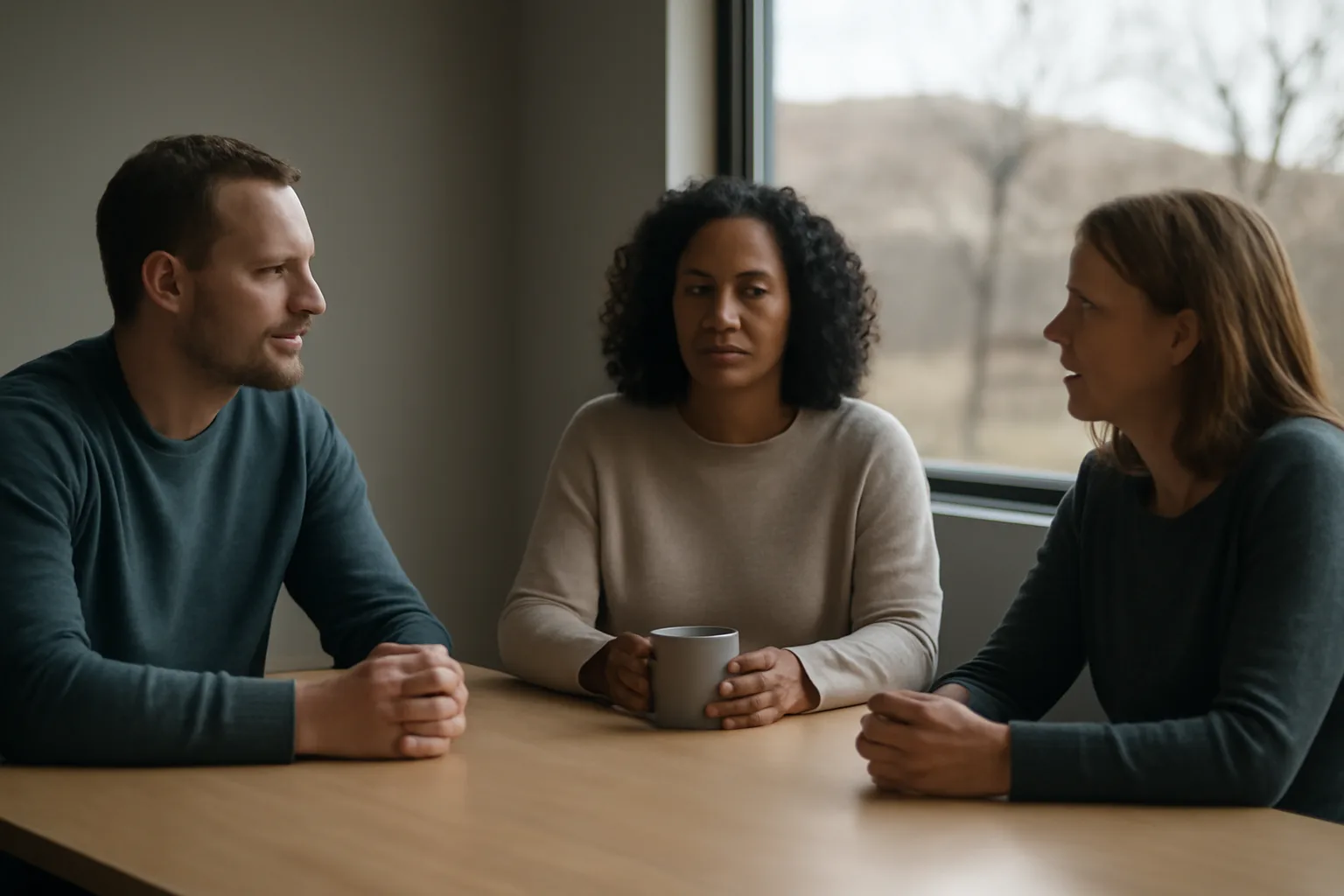 Three people talk around a table in a Boise meeting room