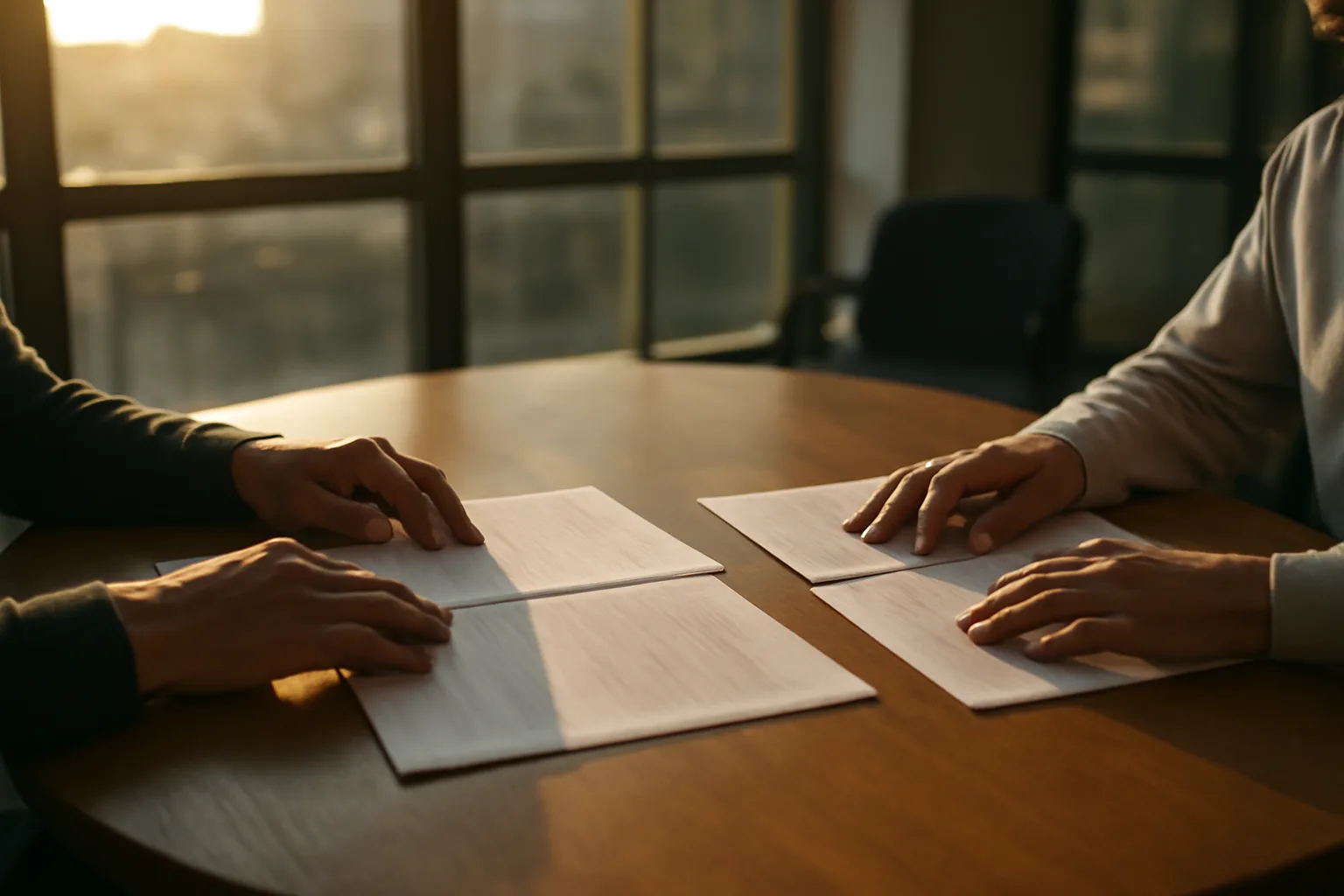 Two people at a round table in a sunlit Alabama conference room during mediation
