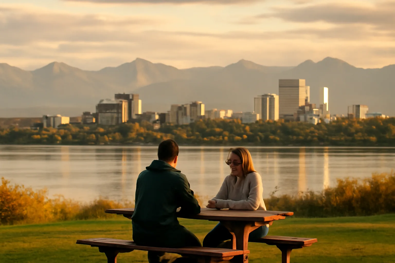Two people at an outdoor table in Anchorage with city skyline at dusk, representing mediation in Alaska