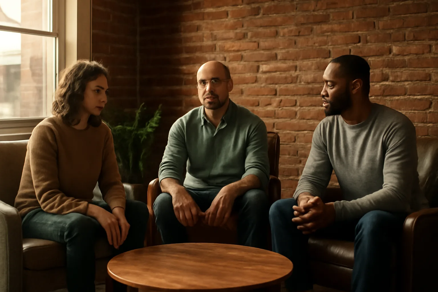 Three adults talk in a Denver living room about Colorado mediation