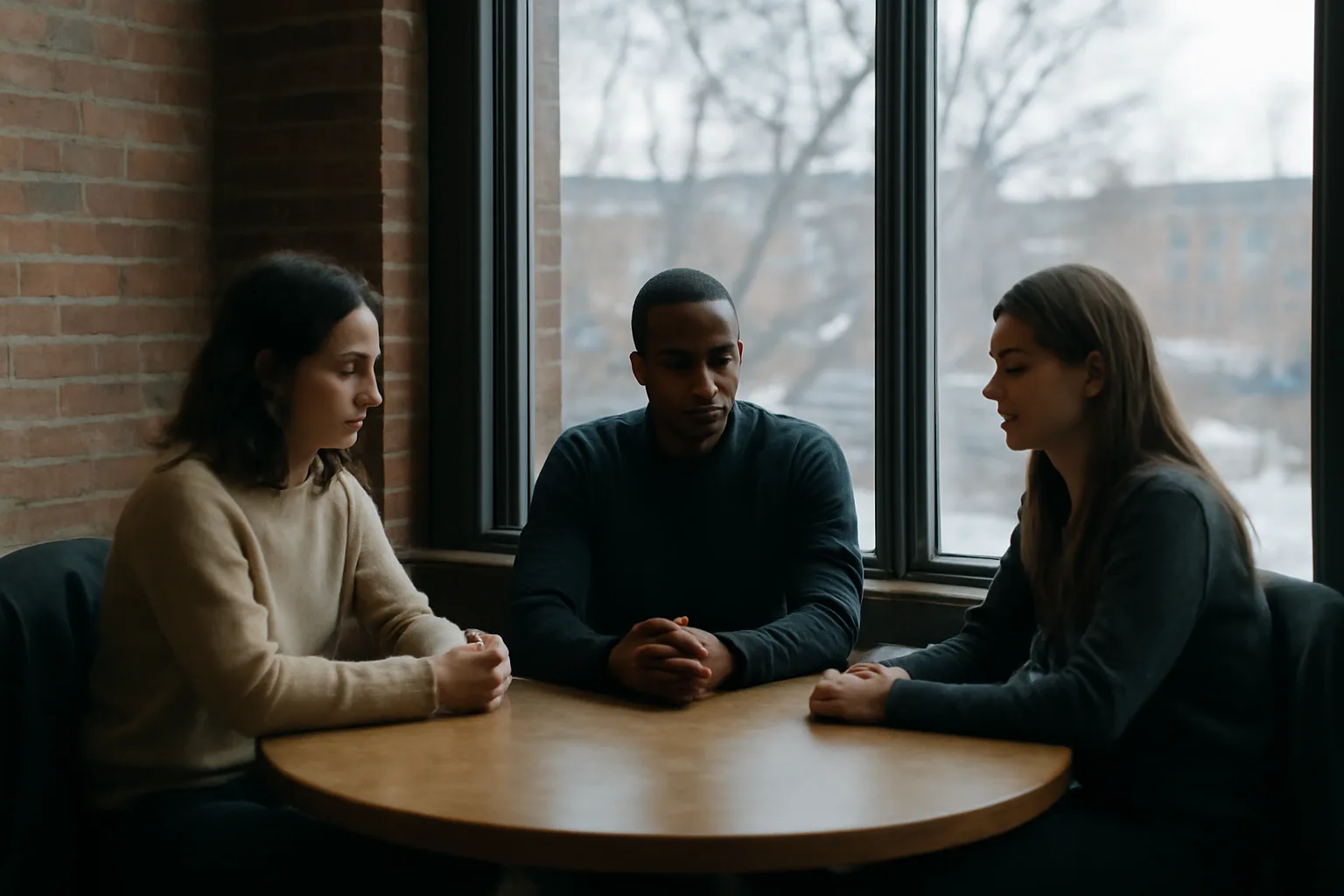 Three people hold a mediation talk in a Hartford office