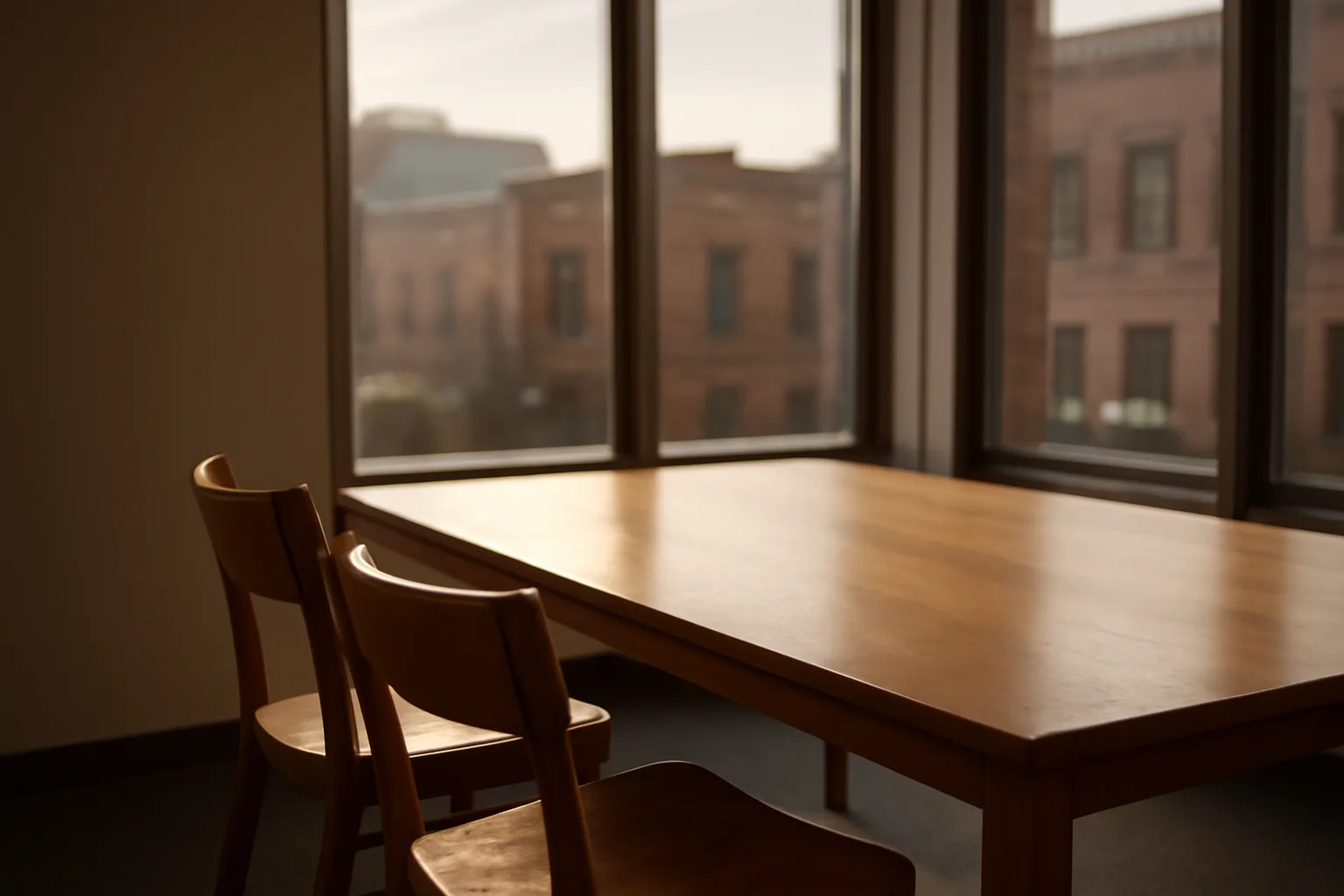 Empty oak table and chairs set for a Delaware mediator session