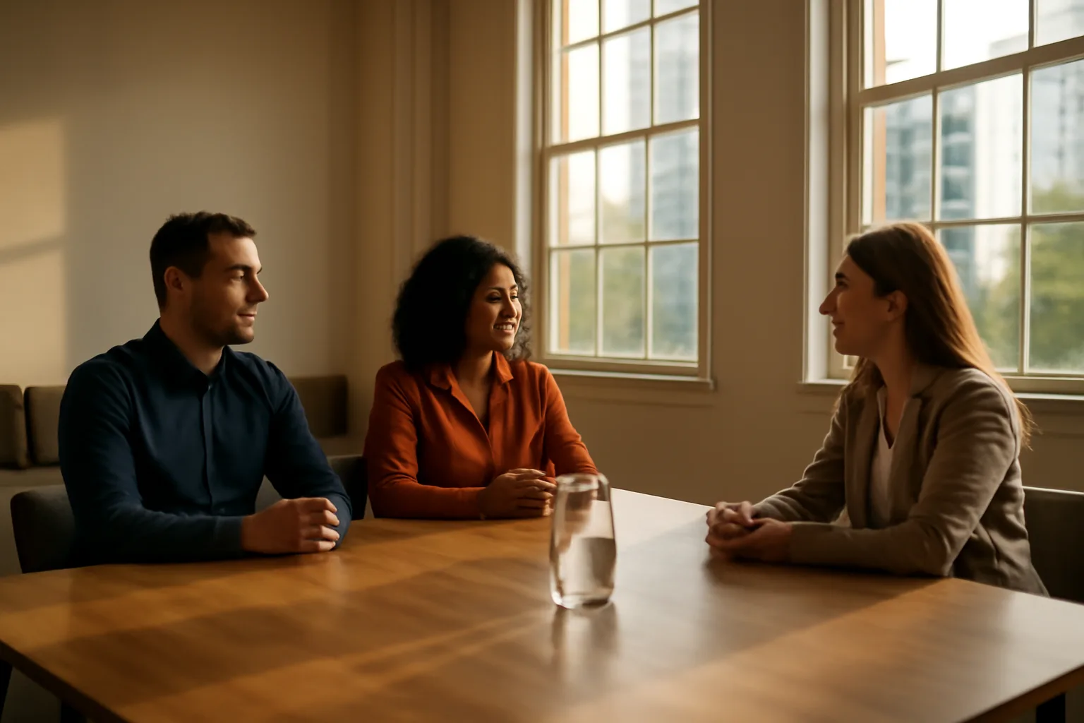 Three people sit at a sunlit Tampa table during mediation