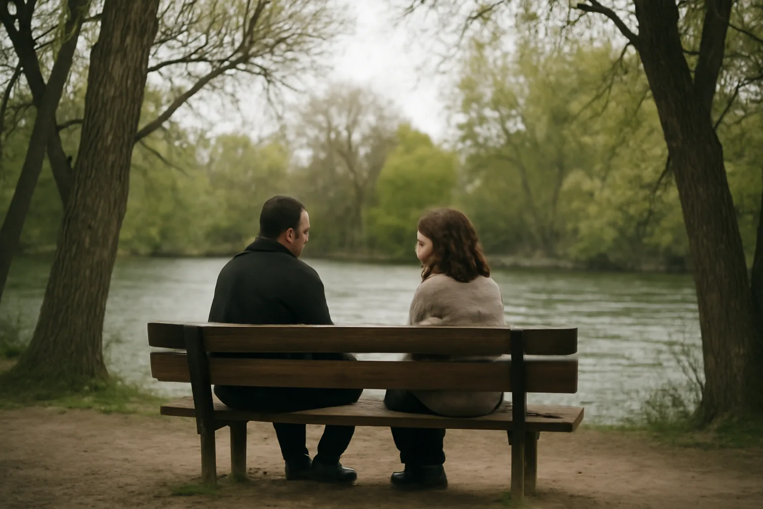 Two adults talk on a Boise River bench about Idaho mediator work