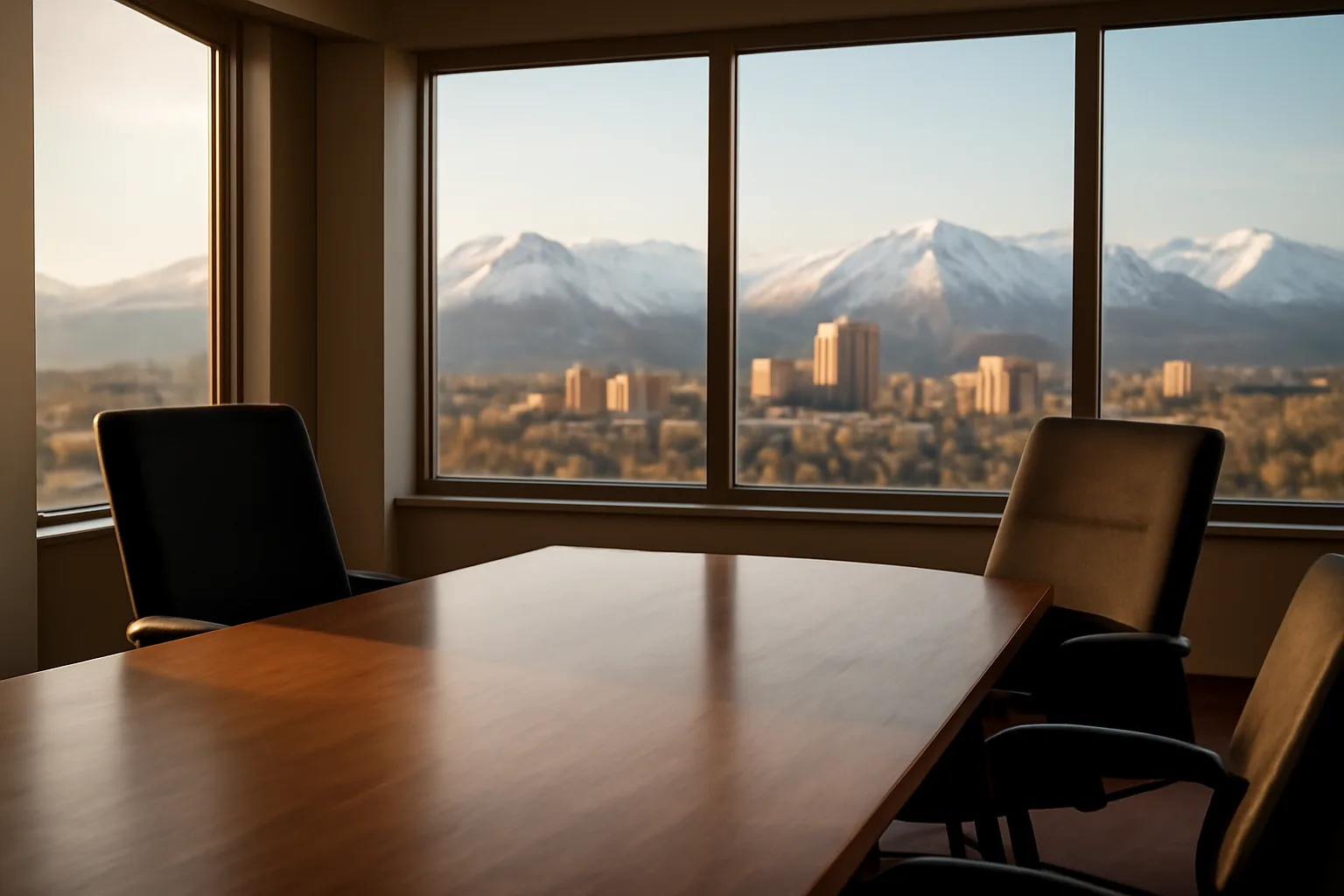 Empty mediation conference table with Anchorage mountains visible through windows