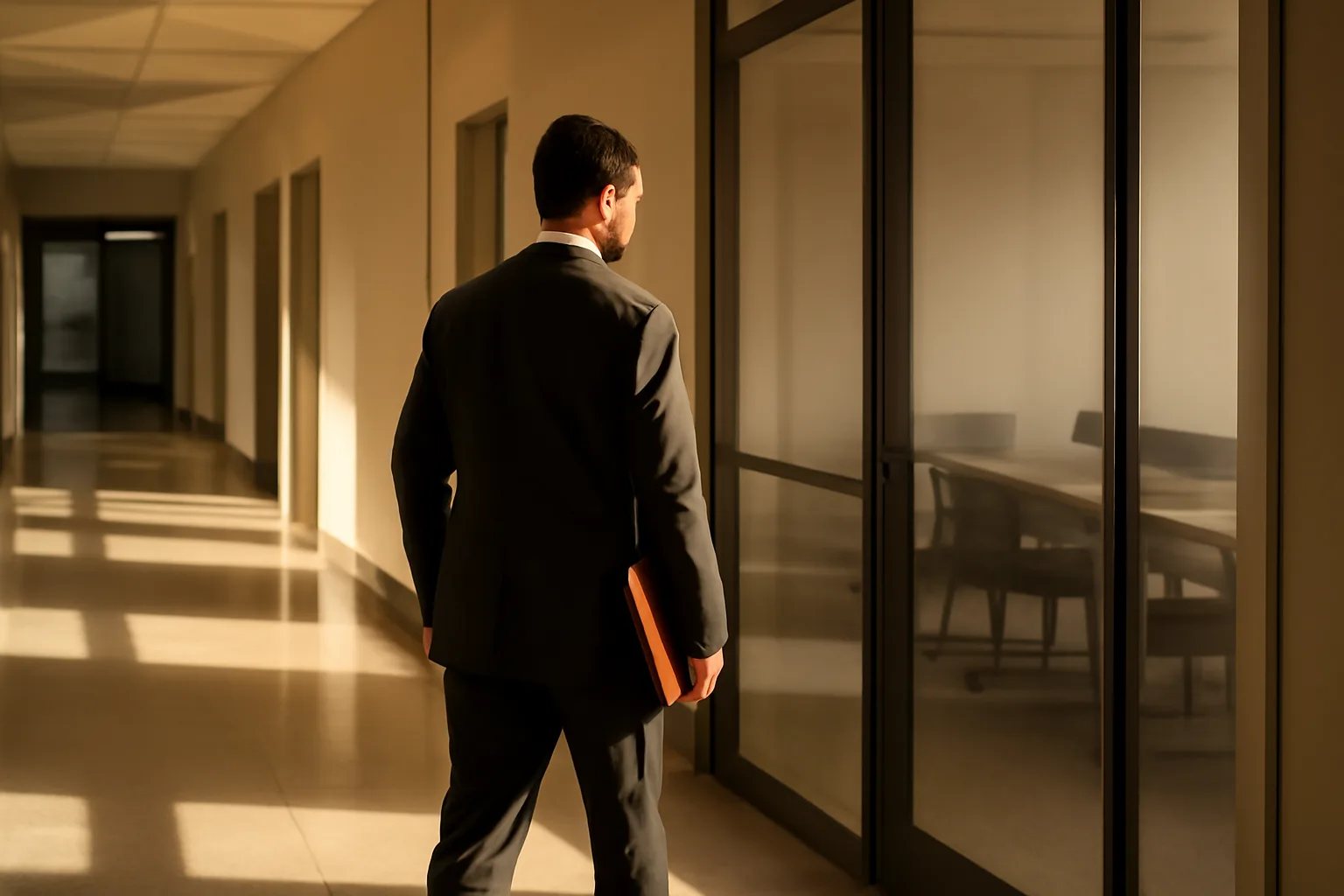 A mediator walking through a California courthouse hallway toward a conference room.
