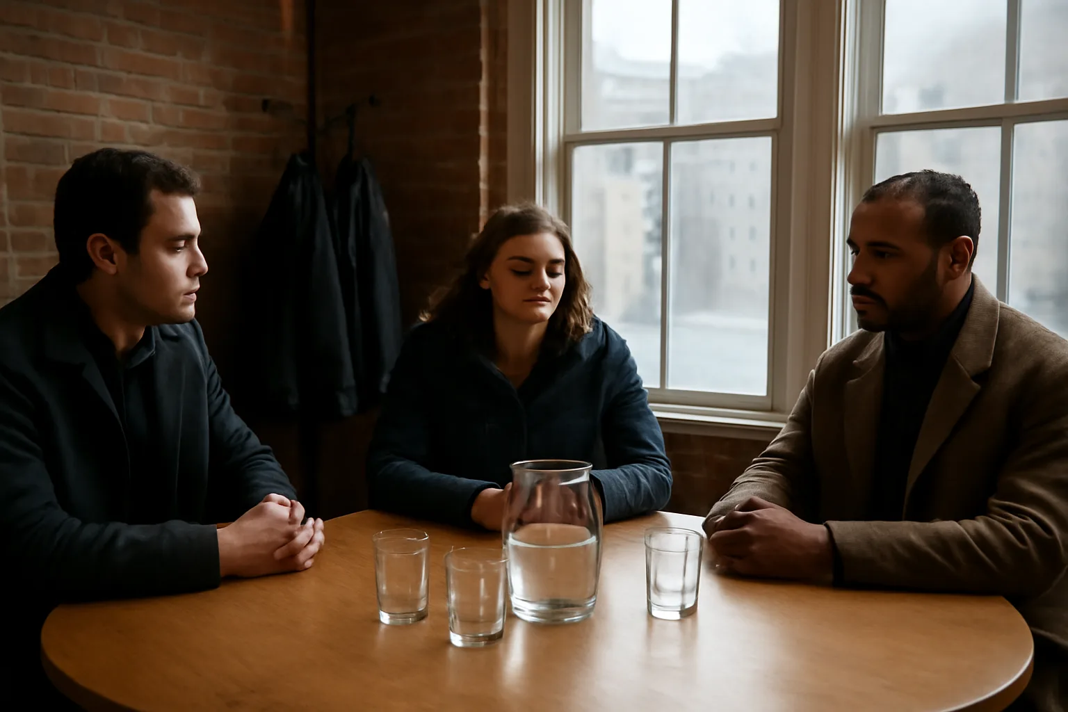 Three adults sit at an oak table during a Connecticut mediation