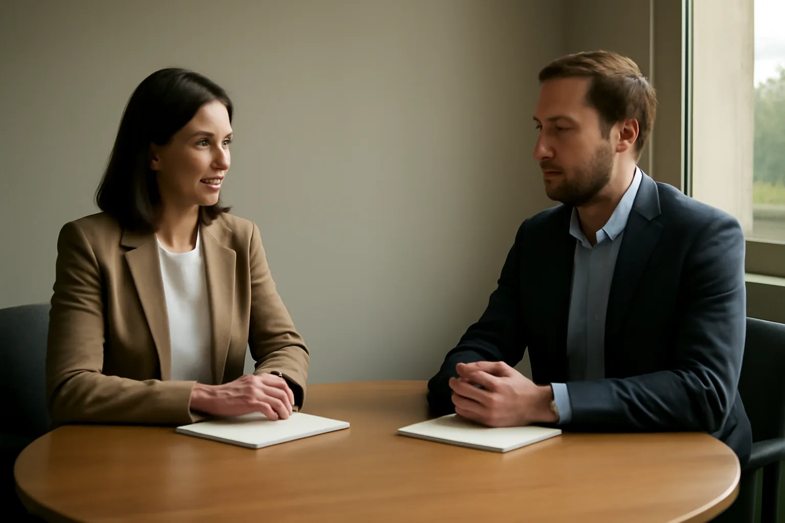 Two people at a conference table during a mediation session in Alabama