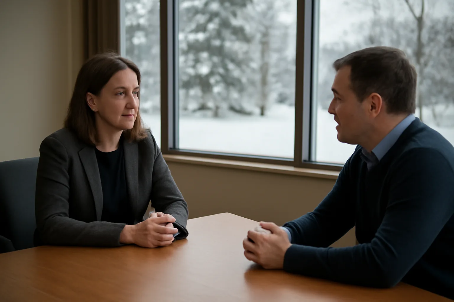 Two people in conversation across a table during a mediation session in Alaska