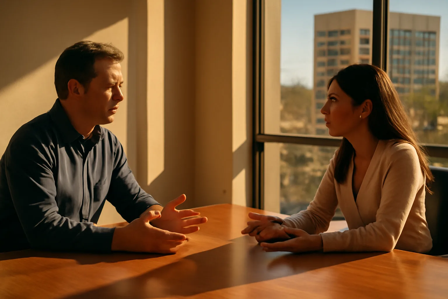 Two people at a conference table during a mediation session in a Phoenix office