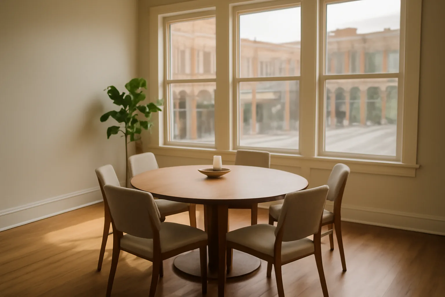 Empty Arkansas mediation room with round table and chairs