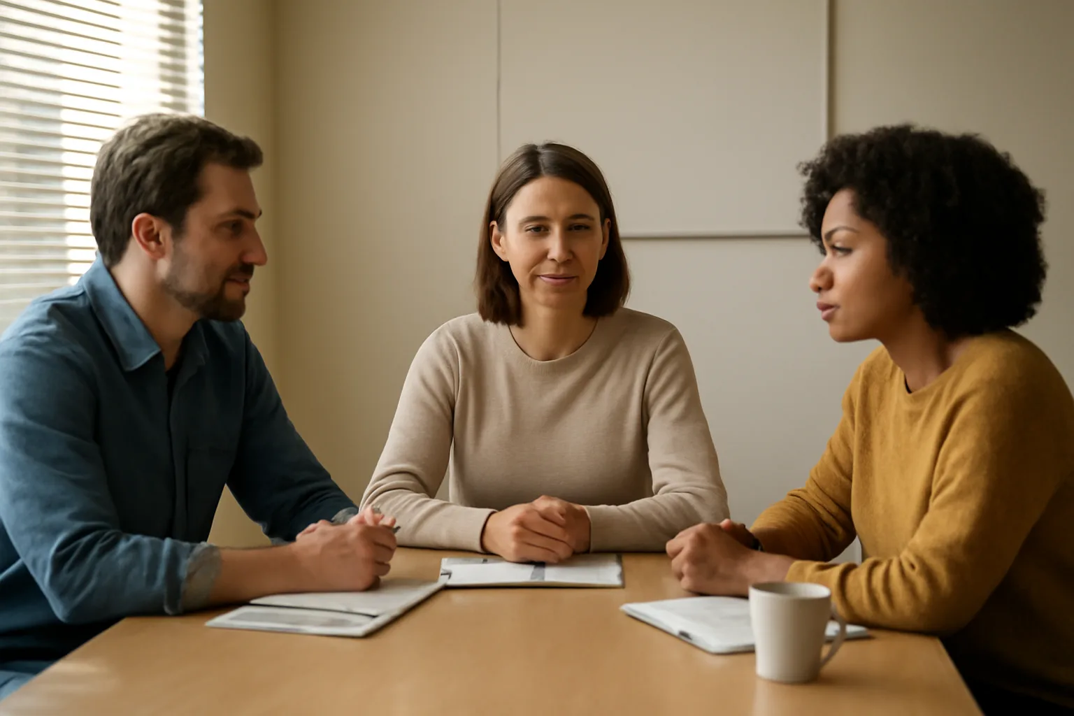 Two people talk with a mediator at a plain table in California daylight.