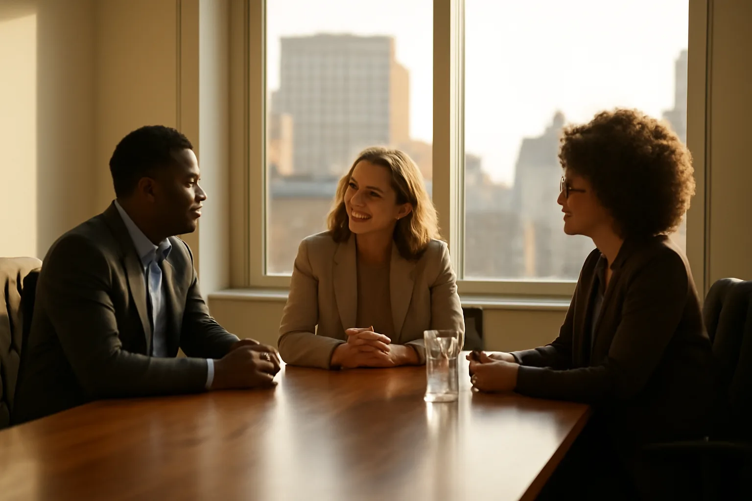 Three people talk at a table during a Hartford mediation