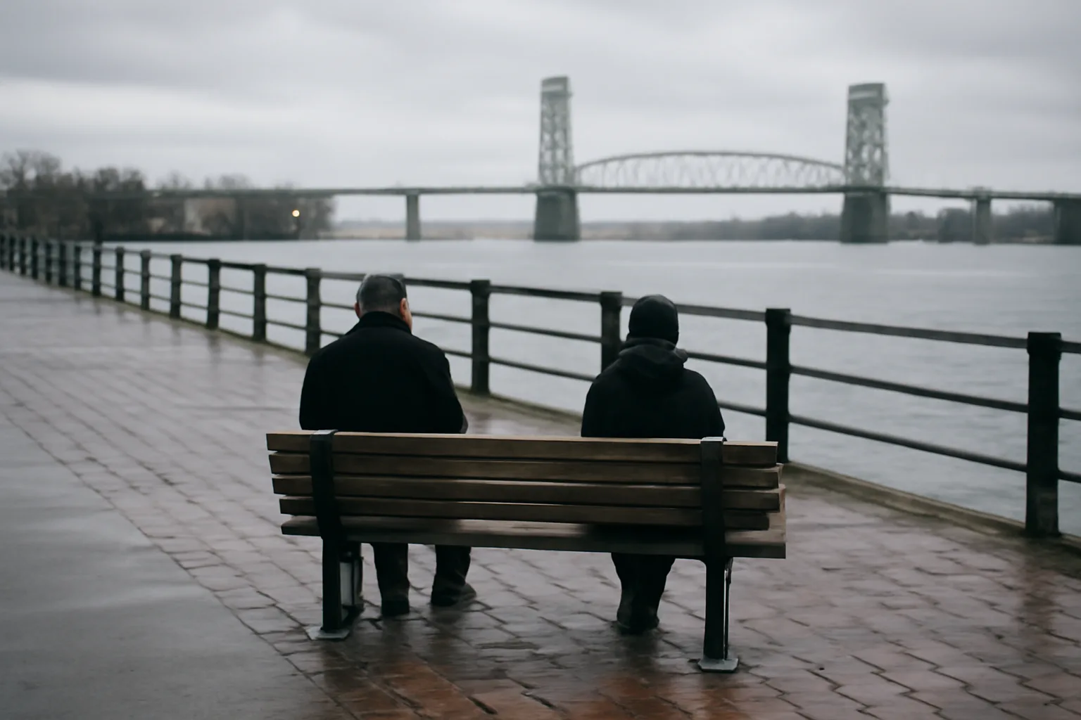 Two adults sit apart on a Wilmington river bench before mediation