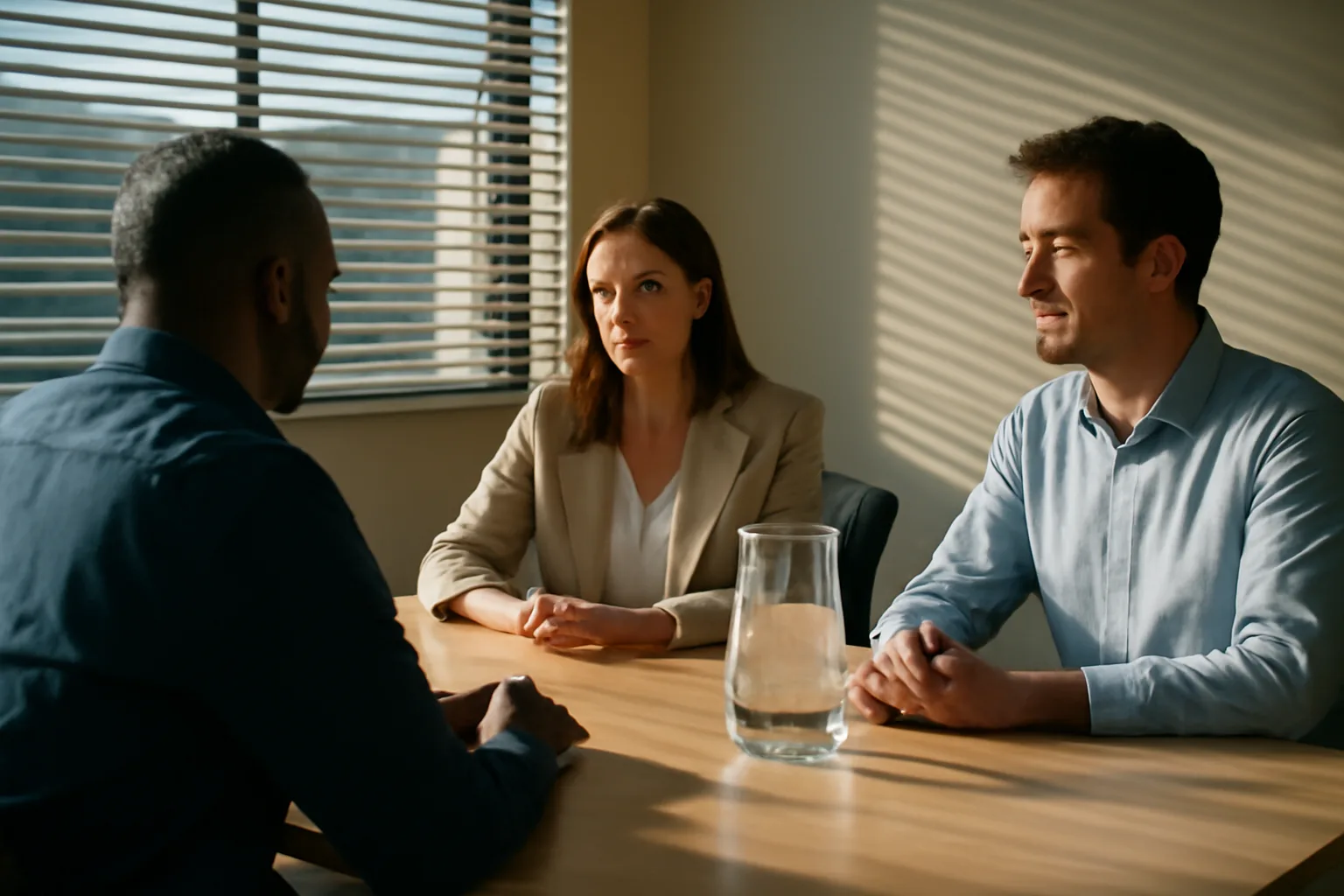 Three people talk at a sunlit Florida table during a mediation session