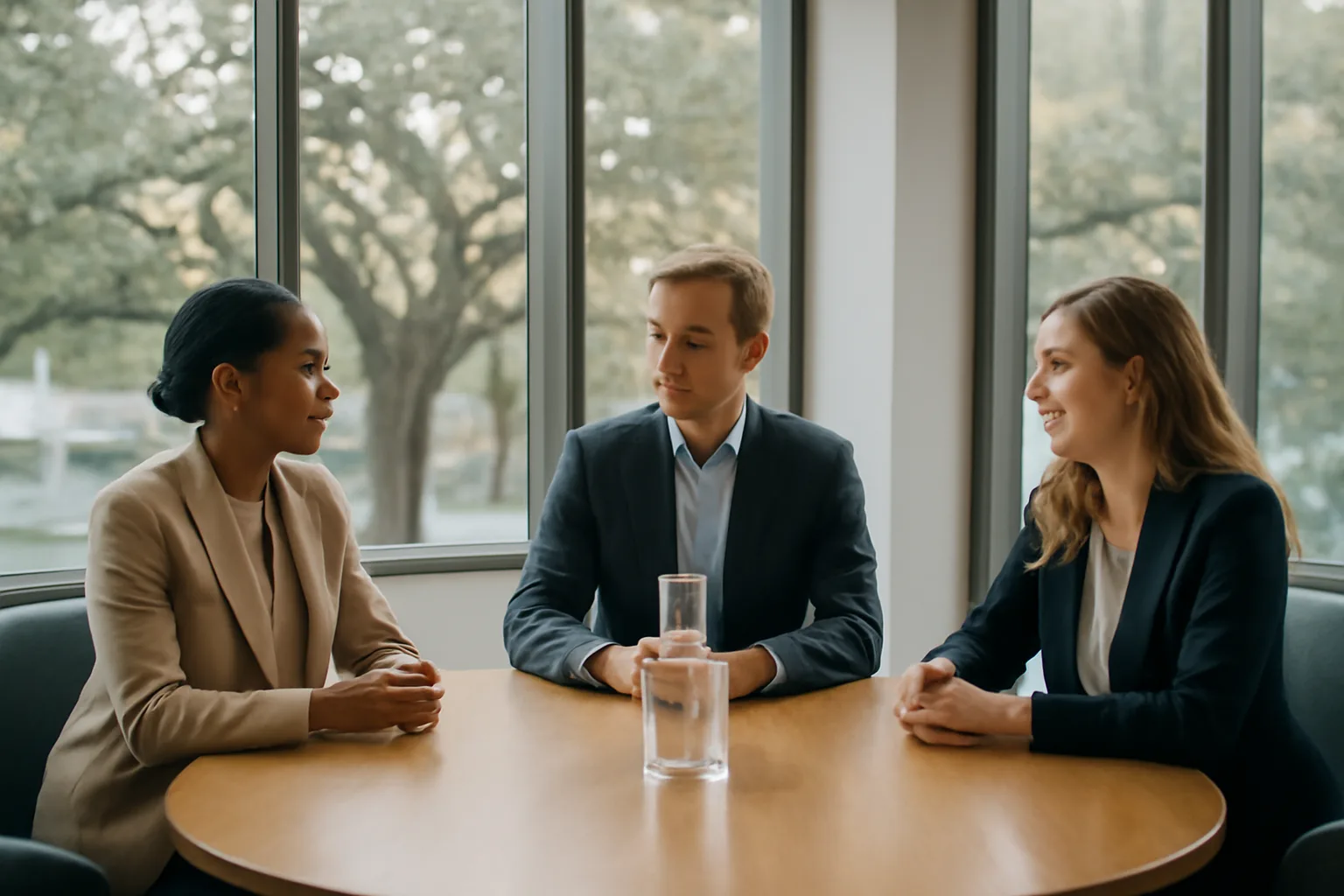 Three people at a quiet Atlanta table during a mediation session