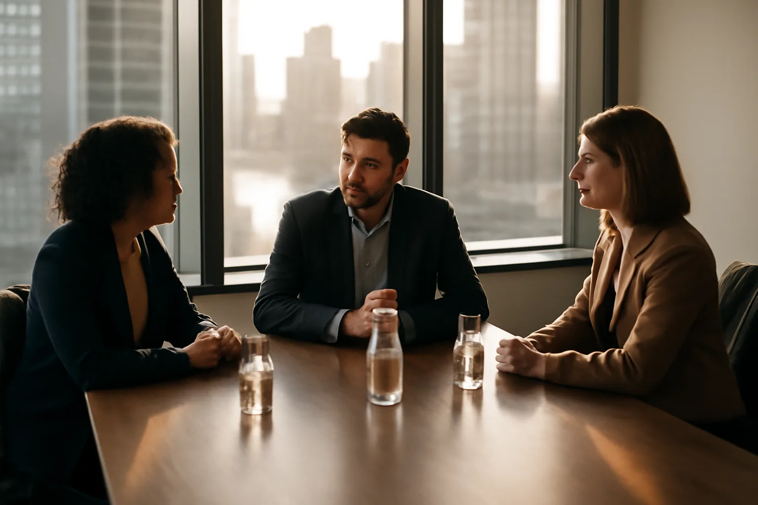 Three people talk at a sunlit Chicago table about mediation