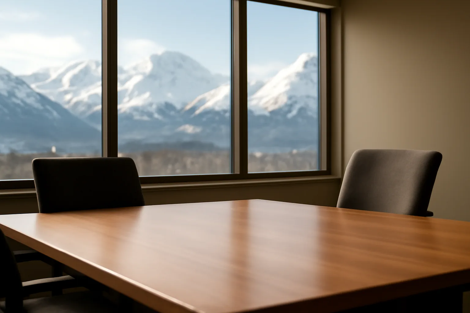 Empty mediation room with mountain view in Anchorage, Alaska morning light
