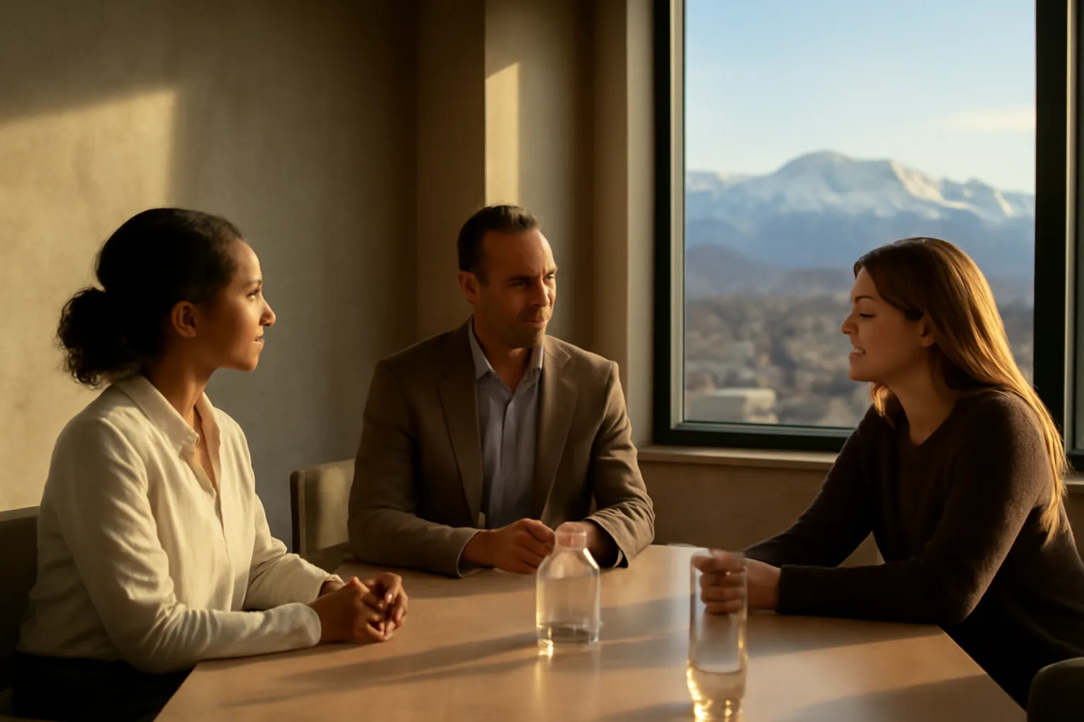 Three people talk at a sunlit Denver table during mediation