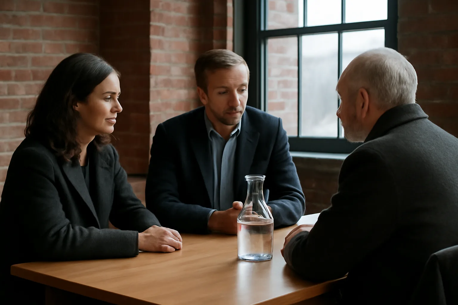 Three people talk at a table during a Connecticut mediation