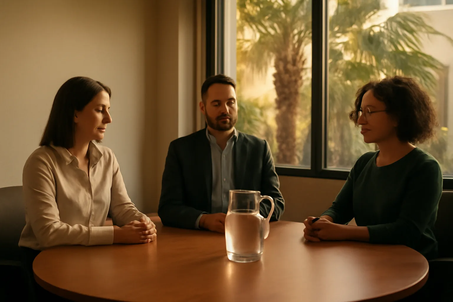 Three people sit at a sunlit Tampa table in a Florida mediation